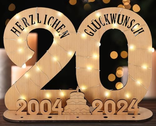 Giftota - 2024 Originelle 20 Geburtstag Geschenk Frauen & Männer - Geldgeschenke Geburtstag 20 mit LED Lichterkette Ständer - Holz-Schild Gästebuch - 20 Geburtstag Deko - Personalisierbares Geschenk