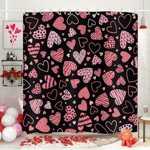 Hnmdmyi Duschvorhang Valentinstag 90x180, Rosa Liebe Herzen Romantischer Valentin Schwarzer Hintergrund Badewanne Vorhang Wasserdicht Polyester Stoff Waschbar Badevorhang für Badezimmer mit Haken