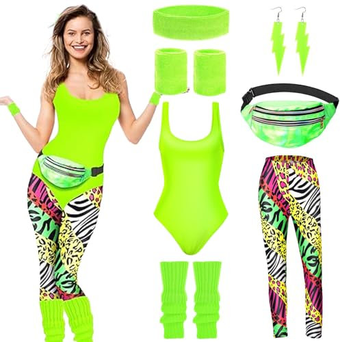 80er Jahre Outfit für Damen - Workout Kostüm Mit Bauchtasche, Stirnband, Beinwärmer - Accessoires für 90er Jahre, Karneval, Halloween, Mottoparty, Fasching