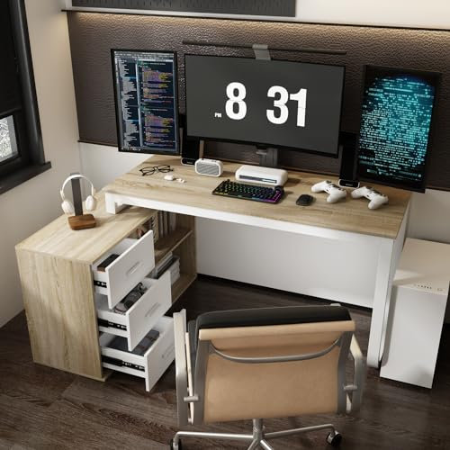 PREMTURE L-förmiger Schreibtisch Computertisch mit 3 Schubladen und Regalen für Büro Arbeitszimmer, Eckschreibtisch, Arbeitstisch, Bürotisch, 140 x 105 x 75 cm, Holzfarbe, MDF