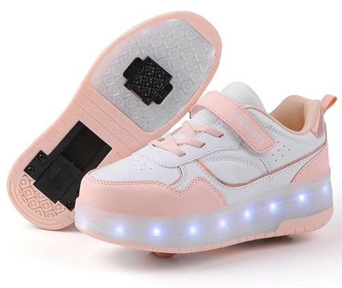 Schuhe mit Rollen für mädchen Jungen Verstellbare Rollschuhe Schuhe Einziehbar Turnschuhe mit Rollen für Kinder LED Blinkend Roller Skate Shoes für Outdoor-Sportarten,Rosa,32EU