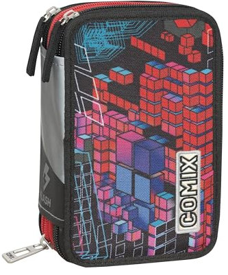 COMIX Flash - Schulmäppchen mit 3 Fächern für Kinder und Mädchen, mit komplettem Schreibwarenset, 5 Namensetiketten und praktischen Reißverschlüssen, 13 x 20 x 7 cm, Enjoy Genius, Enjoy Genius