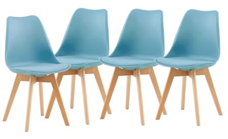 EGGREE 4 Set Esszimmerstühle mit Massivholz Buche Bein SGS Geprüfter, Skandinavisch Design Gepolsterter aus PU-Leder Küchenstuhl Essstühle, Haze Blue