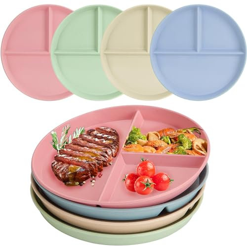Oenothera 4 Piezas Plato Harvard Adulto, Plato Dividido en 3 Para Dieta, Platos de Picnic Reutilizables, para horno microondas y lavavajillas(22cm)