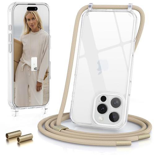 GOODVISH Handykette für iPhone 16 Pro Hülle mit Band (6.3) | Kameraschutz und Bildschirmschutz | | Necklace Handyhülle mit Schnur Schutzhülle für zum Umhängen | Transparent Case mit Kordel, Helbraun
