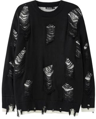 Caxndycing Men's Gothic Punk Grunge Pullover Long Sleeve Crew Neck Oversize Ripped Long Knitted Jumper Vintage Ripped Torn Long Jumper Y2k Knitted Harajuku Tops Winter Tops, black, M