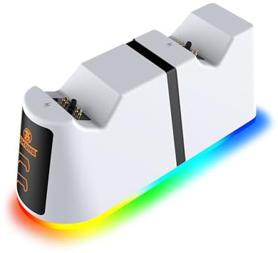 AKUMA Cyber V01 - Estación de Carga para mandos PS5 - Cargador Mando PS5 DualSense & DualSense Edge - Carga rápida y 10 Modos de luz RGB - Blanco