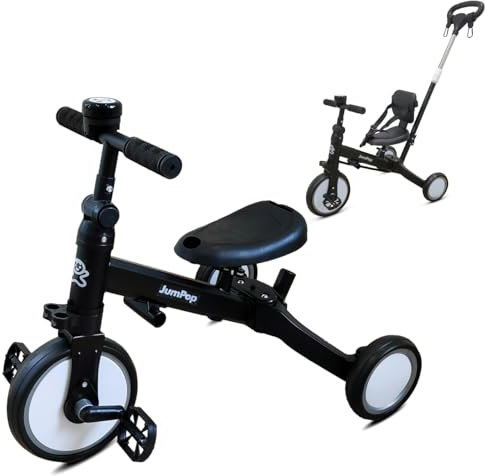 JumPop® Evolutionäres Dreirad 5-in-1 + Klingel mit Aufklebern + 2 Kletthaken | Dreirad für Babys von 1 Jahr bis 5 Jahren mit lustigen Accessoires (Schwarz/Weiß)