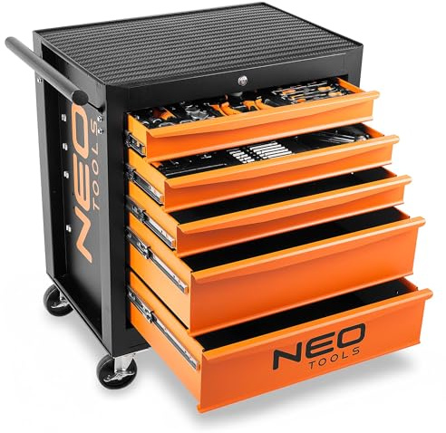 NEO TOOLS Werkstattwagen Gefüllt mit Werkzeug 117-teilig, 5 Fächer | Schubladen mit Kugellager, Zentral Abschließbar, Anti-Rutsch-Matte, Schwenkräder, Feststellbremse, Werkstattwagen Bestückt