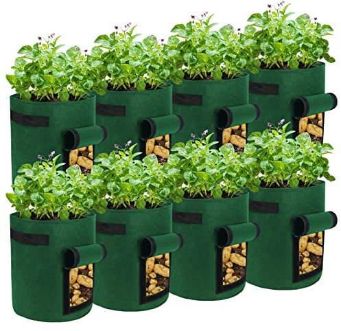 LITLANDSTAR 8 Stück 10 Gallonen Kartoffel Pflanzsack, 37L Kartoffel Pflanzen Tasche aus Vliesstoff mit Sichtbarer Klappe und Griffen für Pflanze Tomaten, Kartoffeln, Gemüse und Blumen (Dunkelgrün)