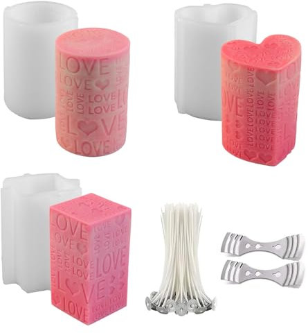 3 Stücke Kerzenform 3D Herzförmig Gießformen Silikon Kerzen Gießform zum Gießen Seifen Form Valentinstag Kerze Silikonform mit Kerzendochte Dochthalter für DIY Aromatherapie Kerzen Handwerk Ornamente