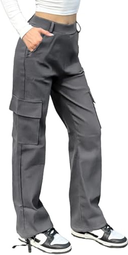 Nuofengkudu Droit Pantalon Cargo Femme Stretch Reglable Cheville 4 Poche Elastique Taille Haute Uni Travail Randonnée Streetwear Adolescente Y2k Casual Sport D'extérieur Punk Gothique Gris S