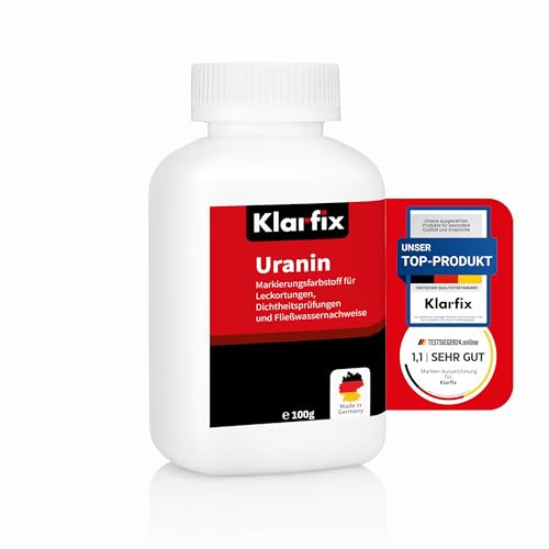 Klarfix Uranin Wasser-Färbemittel in Pulverform | Hochwirksames Wasser-Färbemittel zur Leckortung, Leckageortung, Dichtheitsprüfung | Fluorescein als Markierungsfarbstoff | Sehr ergiebig (2x 100 g)