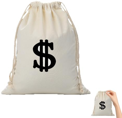 28 x 40cm Weißer Geldsack mit Dollarzeichen, Dollar Zeichen Turnbeutel Geldsack Münzbeutel mit Ziehgurt Dollarzeichen Stoffsack Kordelzug Witzig Kostüm-Accessoires für Kleidung Fasching