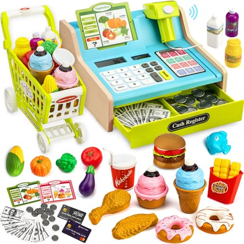 Holzspielzeug-Kasse mit Scanner – Realistische Spielzeugkasse für Kinder, inkl. Zubehör - Fördert kreatives Spielen & Lernen, Rollenspiele, Geschenk für Jungen & Mädchen von 4–8 Jahren (Blaugrün)