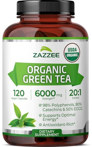 Zazzee USDA Organic Green Tea 20:1 Extract, 50% EGCG, 98% Polyphenols, 80% Catechins, 120 Vegan Capsules, 4 Month Supply, Antioxidant, Metabolism & Energy Support, Non-GMO, All-Natural, Made in USA