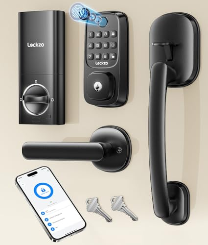 Lockzo Smart Lock with Handle, Built-in WiFi Smart Locks for Front Door Set, Fingerprint Keyless Entry Door Lock with Electronic Deadbolt, App & Voice Control, Auto Locking (Black)