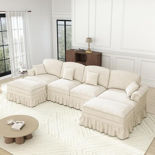 Ligterra Wohnlandschaft U Form, Modulares 4 Sitzer Sofa, mit 2 Ottomane, Trichter-Armlehnen, Abnehmbarer Rüschenschürze & Beweglichem Hocker, Chennille-Stoff, 350×140×93cm (Weiß)