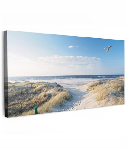 MuchoWow© Leinwand Bilder XXL Deko Schlafzimmer Aesthetic Große | 160x80 cm - Leinwandbilder Wohnzimmer Gemälde Foto Geschenk Living Room Decoration Düne - Möwe - Strand - Meer - Sonne