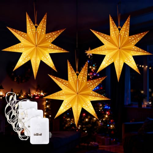 DAJASD Papierstern Lampenschirm, 3 Stück 45 cm Weihnachtsstern Beleuchtet mit Licht, Papierstern Weihnachten, LED Papierstern Beleuchtet für Fensterdeko Weihnachtsdeko Weihnachtsbaum Balkon Und Garten