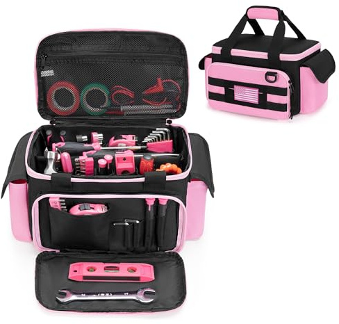 Rexmica Small Tool Organiser with Anti-friction and Thick Padded Bottom, Tactical Range Bag for Women, Multi-functional Work Bag for Repairman, Electrician, Carpenters, Pink
