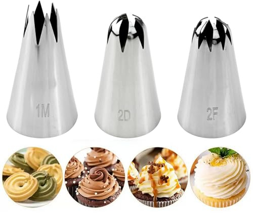 Set di 3 Beccucci per Sac a Poche Grandi Professionali, 1M, 2D, 2F, Beccucci per Torte, Decorazione Torte Accessori, per Cupcakes, Pasta di Zucchero, Biscotti e Pasticceria
