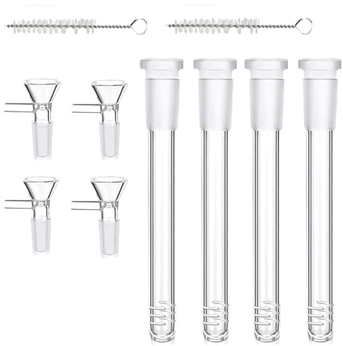 Set de Bong en Verre Borosilicate de Haute Qualité - Downstem 14,5mm & Bol 14,4mm avec Filtre en Spirale et Piège à Glace, Inclut 2 Brosses de Nettoyage(6.3In Down Stems+4 Funnels)