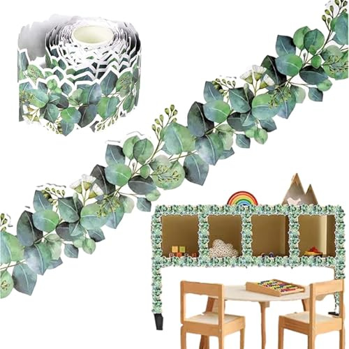 Bordüre Eukalyptus, 7.6cm x 15m Gestanzter Eukalyptus-Rand Grün Blätter Bordüre für Klassenzimmer Schule Pinnwand Tafel Wandaufkleber Tapete Bordüres Grün