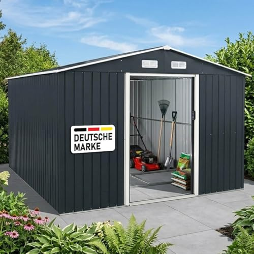 BRAST Gerätehaus Geräteschuppen Metall | TÜV geprüft | viele Größen | 163x89x180-278x323x192cm | Pultdach Satteldach | Gartenhaus mit Schiebetür | Anthrazit | wetterfest wasserdicht | 278x302x192cm