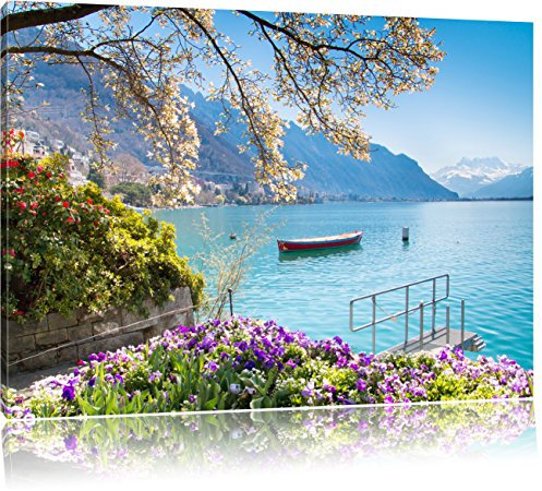 Pixxprint Genfer See im Sonnenschein, Größe: 60x40cm, Leinwandbild, fertig gespannt, Wandbild, Dekoration, Kunstdruck, kein Poster