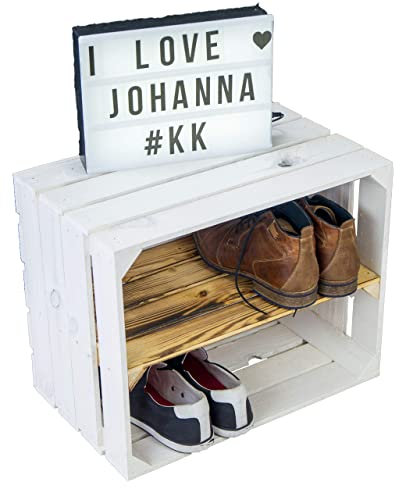Kistenkolli Altes Land Weiße Obstkiste Schuh- Bücherregalkiste Weinkiste Maße ca 50 x 40 x 31cm Holzkiste Dekokiste Regal (geflammtes Mittelbrett längs)