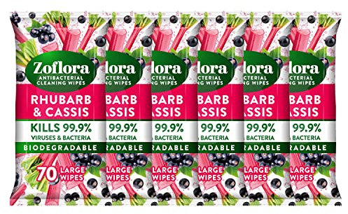 Zoflora Rhubarb & Cassis Large Antibacterial Cleaning Wipes, 6 x 70 Wipes Pack, Multi-Surface Disinfectant Wipes, Removes Odours & Kills 99.9% of Bacteria & Viruses