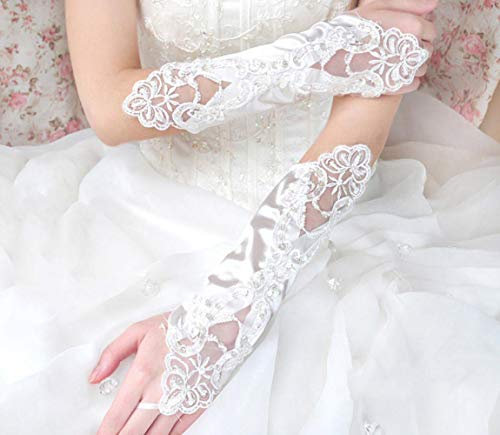 MoreChioce Damen Armstulpen Handschuhe,Vintage Brauthandschuhe 1920er Stil Spitzenhandschuhe mit Perle Strass Hochzeithandschuhe Fingerlos Handschuhe Sexy Abendkleid Lace Stulpen,Weiß