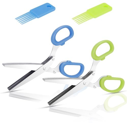 2PCS Stainless Steel Herb Scissors with 5 Blades, Multipurpose Kitchen Cutting Shearring Mincer Tool with Cleaning Comb, Ideal Garden Gadgets for Shredding Vegetables, Paper, Basil, Parsley, Cilantro