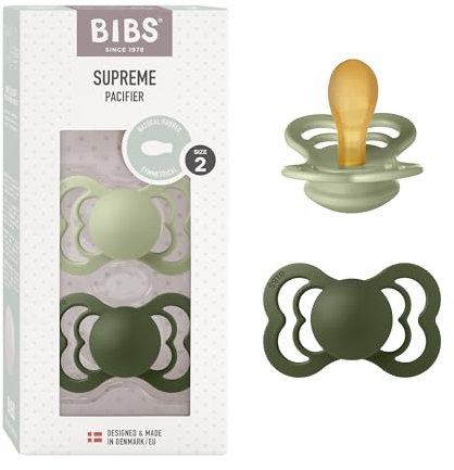BIBS Supreme Schnuller 2er-Pack, BPA-frei, Symmetrischer Nippel. Naturkautschuk/Latex, Hergestellt in Dänemark. 6-18 Monate (2er Pack), Sage/Hunter Green