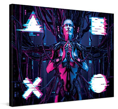 PICANOVA – Premium Leinwanddruck – Leinwandbild Cyberpunk Android 80x60cm – Kunstdruck Auf 2cm Holz-Keilrahmen Für Schlaf- Und Wohnzimmer – Kollektion Gaming Console Gamepad Symbols