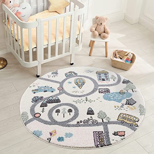 carpet city Kinderteppich - Straßen-Stadt-Motiv 120 cm Rund Creme Multi - Kinderzimmer Teppich Modern