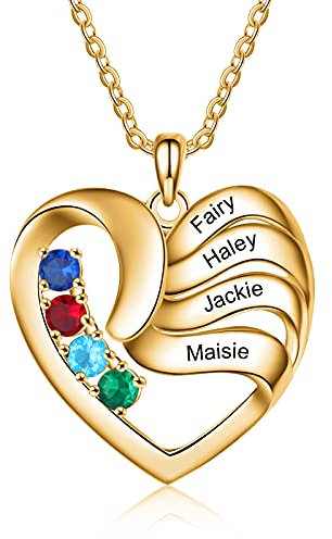 ALBERTBAND Personalisierte Mutter Name Herz Halskette 2/3/4/5 Simulierte Birthstones 925 Sterling Silber Mutter Kind Halskette für Ehefrau Mutter (Gold-4steine)