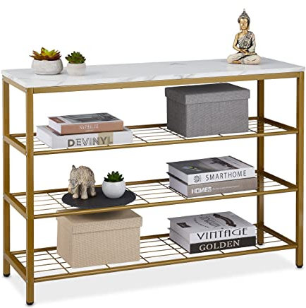 Relaxdays Konsolentisch, Marmoroptik, HxBxT: 70 x 101 x 30 cm, Metall & MDF, schmale Konsole Flur, 4 Ablagen, Gold/weiß
