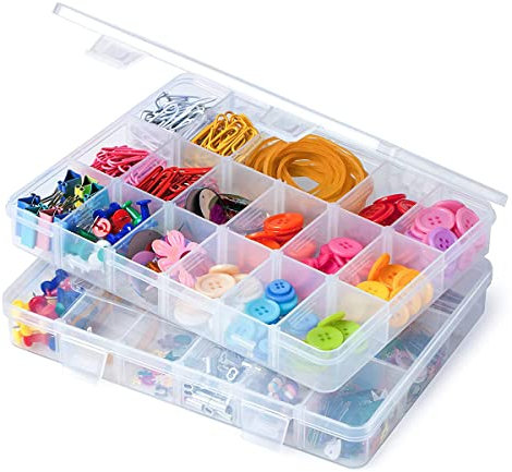 LJBOZ 2 StüCk Sortierbox Plastik Transparent, Einstellbar FäCher Aufbewahrungsbox mit Deckel, Schmuckkasten Plastikbox für Kleinteile, Haarschmuck, Schmuckm,Stickerei