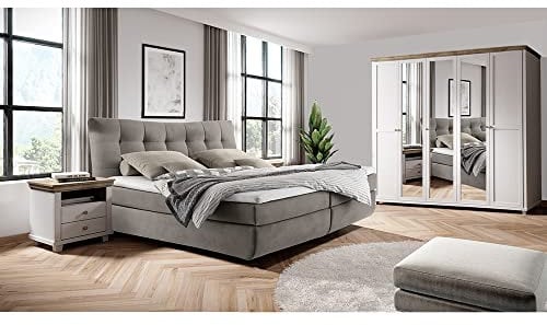 Lomadox Schlafzimmer Komplett Doppelbett Boxspringbett Liegefläche 180x200 cm 7-Zonen Matratze Topper Nachttische Kleiderschrank Spiegeltüren Landhausstil weiß Esche Eiche
