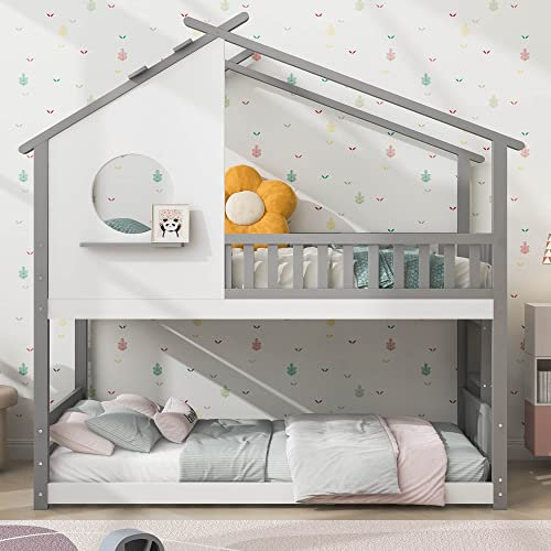ModernLuxe Kinderbett Hochbett, Hausbett 90 x 200 mit Rausfallschutz Robuste, Etagenbett mit Lattenrosten, Rahmen aus Kiefernholz für Kinder (ohne Matratze) (Grau)