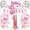1 Jahre Einhorn Geburtstagsdeko Mädchen, 1. Rosa Geburtstag Deko mit Birthday Banner,3D Einhorn Luftballons,Groß Folie 1 Number, Kindergeburtstag Deko 1 Jahre, Rosa Weiß Luftballons Party Geburtstag