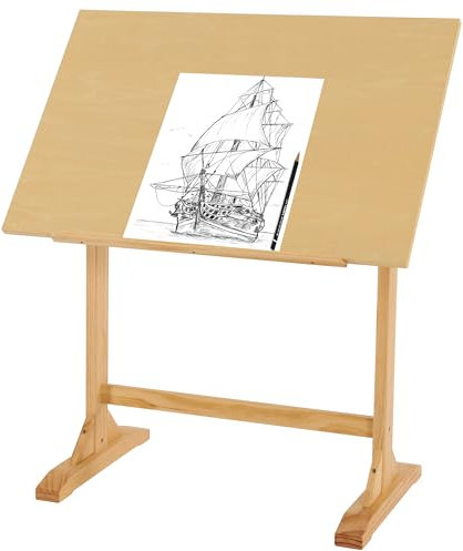 VISWIN 60 x 90 cm Holz-Zeichentisch, Verstellbarer Winkel, 86 cm Höhe, Künstlertisch aus Massivem Kiefernholz zum Zeichnen, Flach Neigbar, Studio-Kunsthandwerkstisch zum Malen, Zeichnen