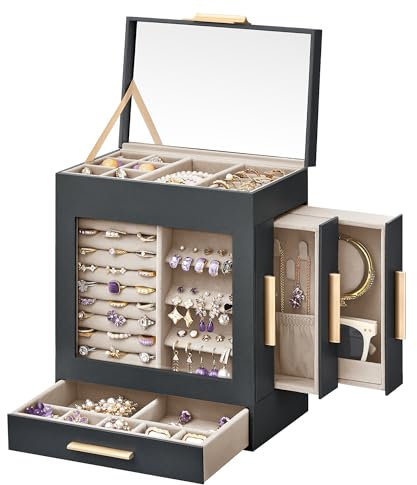 SONGMICS Schmuckkästchen, Schmuckkasten 5 Ebenen, Schmuckbox, Glasfenster, seitliche Schubladen, großer Spiegel, Schmuckaufbewahrung, 12,9 x 20 x 24,7 cm, schiefergrau-metallisches Gold JBC172G01