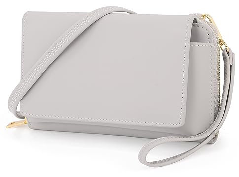 UTO Geldbörse Damen Gross Viele Fächer Leder Lang Umhängetasche mit Verstellbarem Schultergurt Clutch Geldbeutel mit Münzfach Portmonee Groß Telefonhalter Reißverschluss Große Portemonnaie Grau