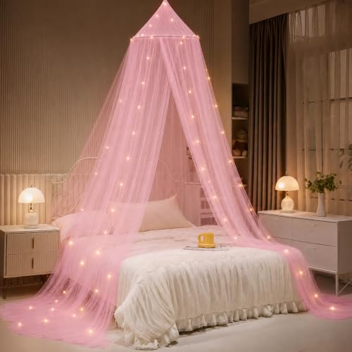 Betthimmel mit Lichtern, Betthimmel mit leuchtenden Sternen für Mädchen Prinzessin, Baldachin Bettvorhänge für Twin to King Size Bett, Baby Kinder Erwachsene Indoor Decor Schlafzimmer Leseecke Outdoor