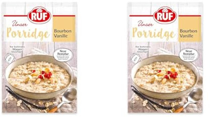 RUF Porridge Bourbon-Vanille mit Vollkorn-Haferflocken und natürlichem Bourbon Vanillearoma, warmer und besonders leckerer Hafergenuss,1 x 65g Beutel (Packung mit 2)