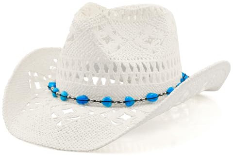 Chapeau de cowboy en paille tissée pour homme et femme - Chapeau de cowboy classique sauvage pour homme, festival, fête, plage, anniversaire, enterrement de vie de jeune fille, blanc, M