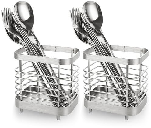 MUXHEL 2PCS Cutlery Drainer, Utensil Drainer Stainless Steel Cutlery Holder Drainer, Anti-Rust Utensil Holder Cutlery Holder for Knife Chopsticks Forks Spoons-Sliver